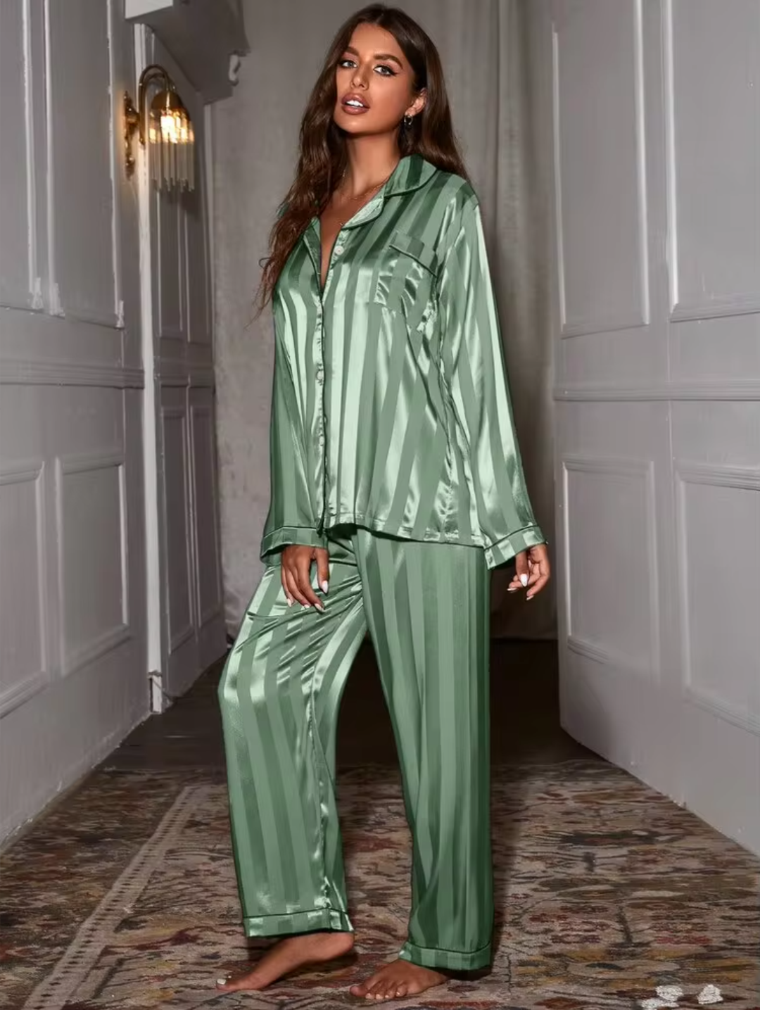 Women’s Premium Satin 3-Piece Lounge Set – Full Sleeve Button-Down Top, Pyjama & Robe
