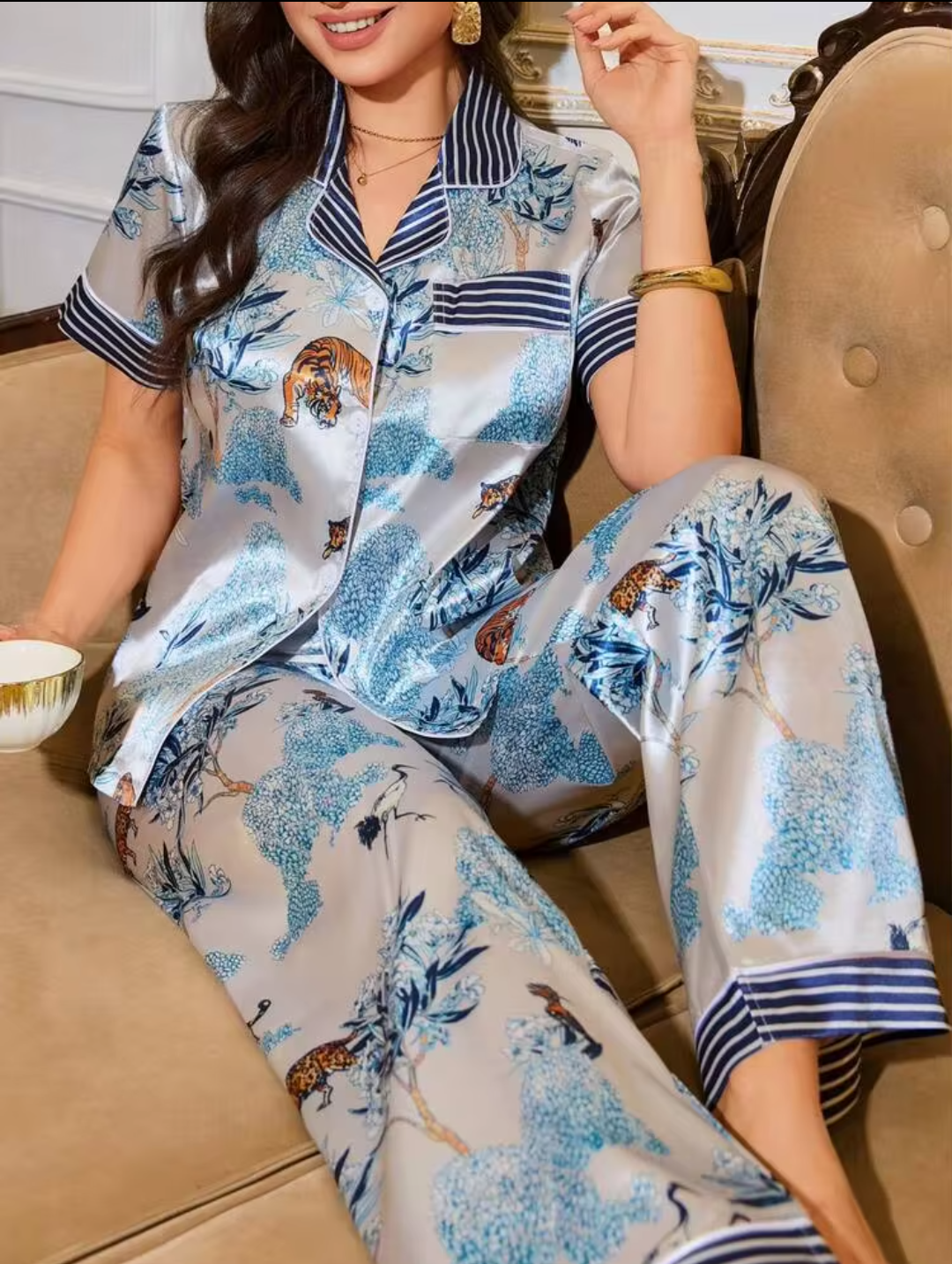 Women’s Premium Satin Printed Night Suit Set – Short Sleeve Button-Down Top with Relaxed Pyjama