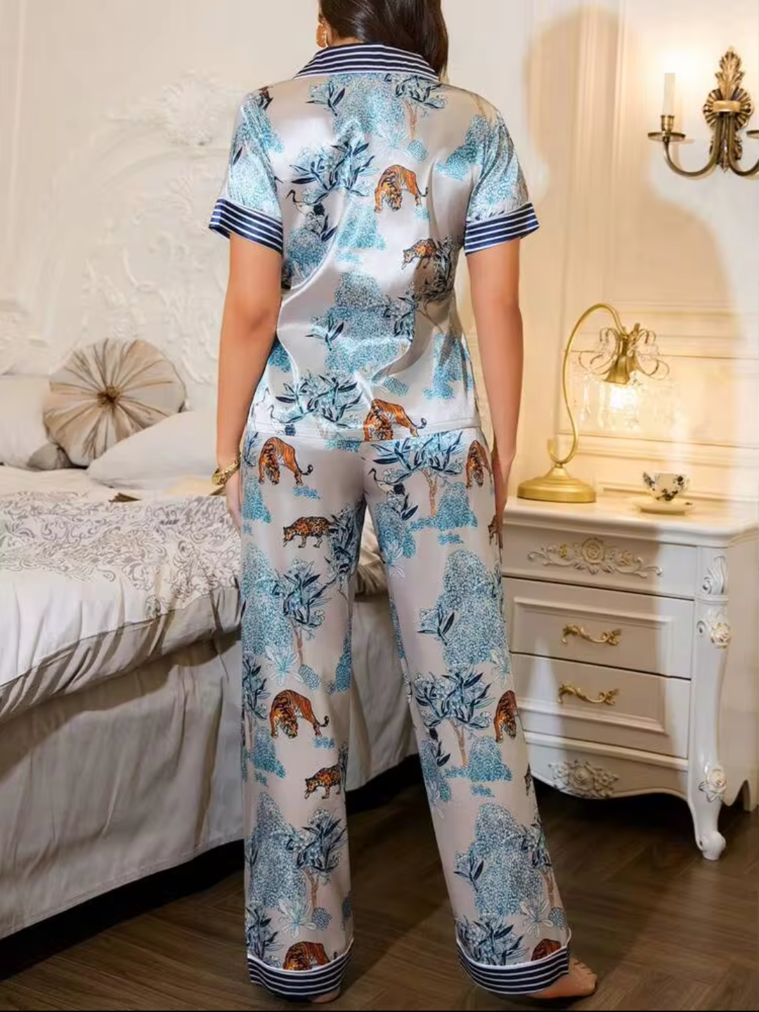 Women’s Premium Satin Printed Night Suit Set – Short Sleeve Button-Down Top with Relaxed Pyjama