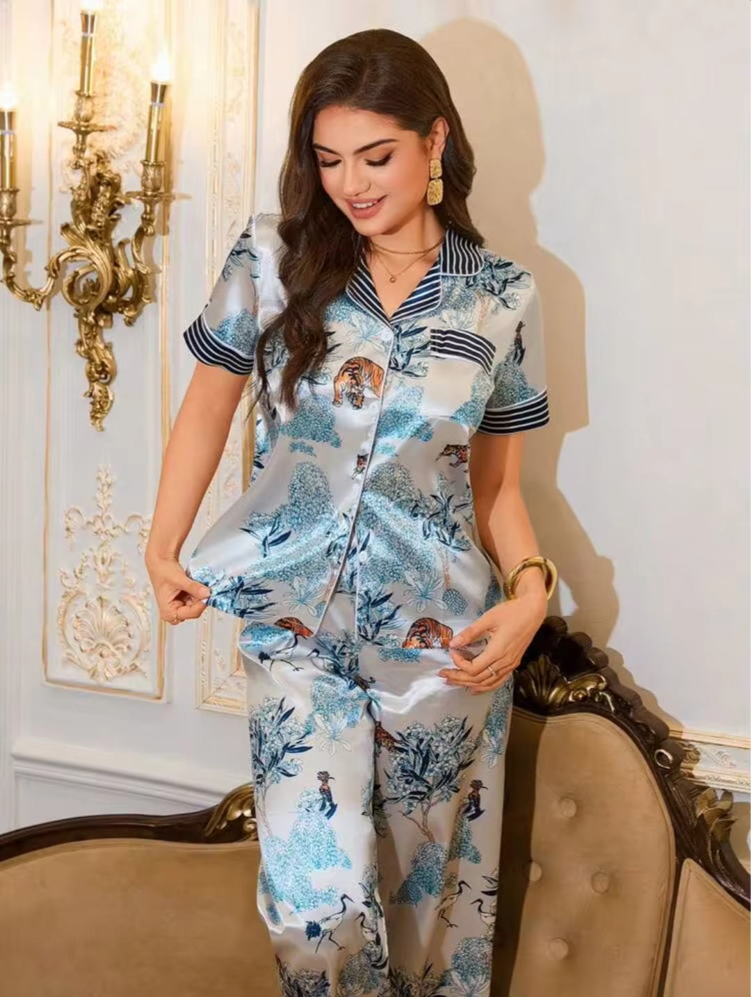 Women’s Premium Satin Printed Night Suit Set – Short Sleeve Button-Down Top with Relaxed Pyjama