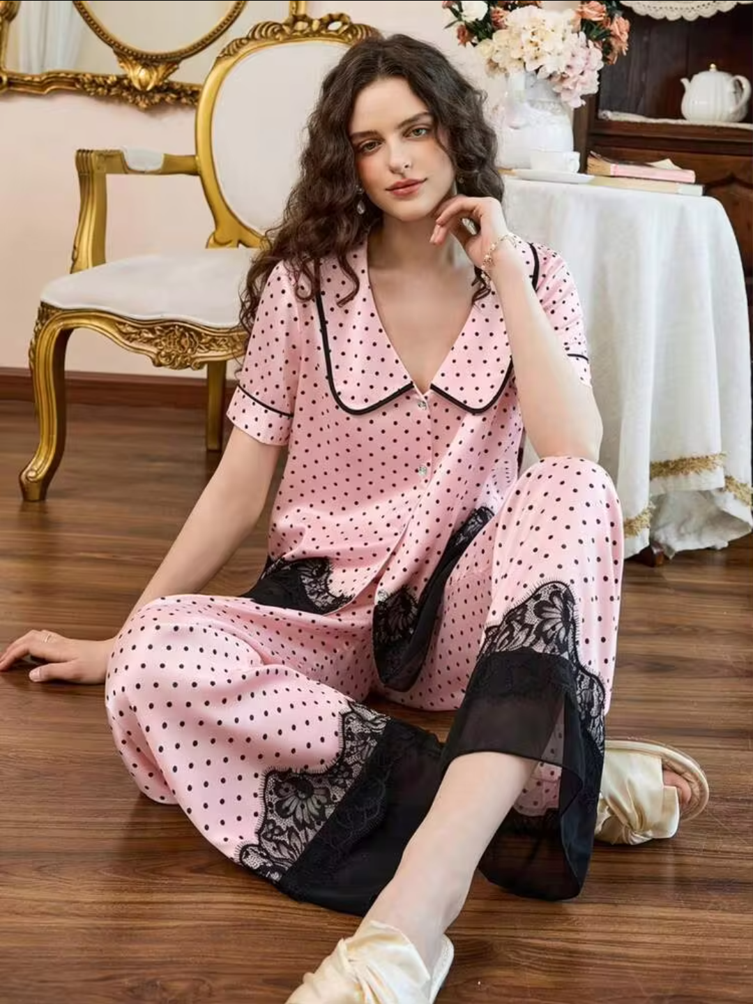 Vintage Pink Polka Dot Satin Pajama Set with Black Lace Trim & Peter Pan Collar