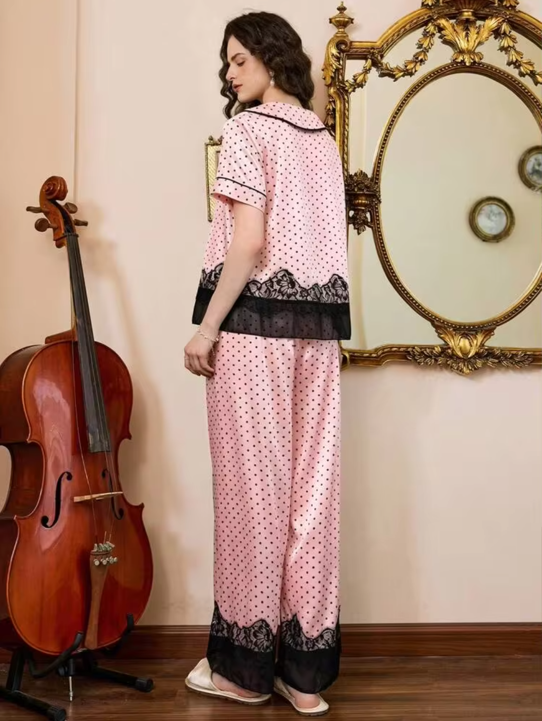 Vintage Pink Polka Dot Satin Pajama Set with Black Lace Trim & Peter Pan Collar