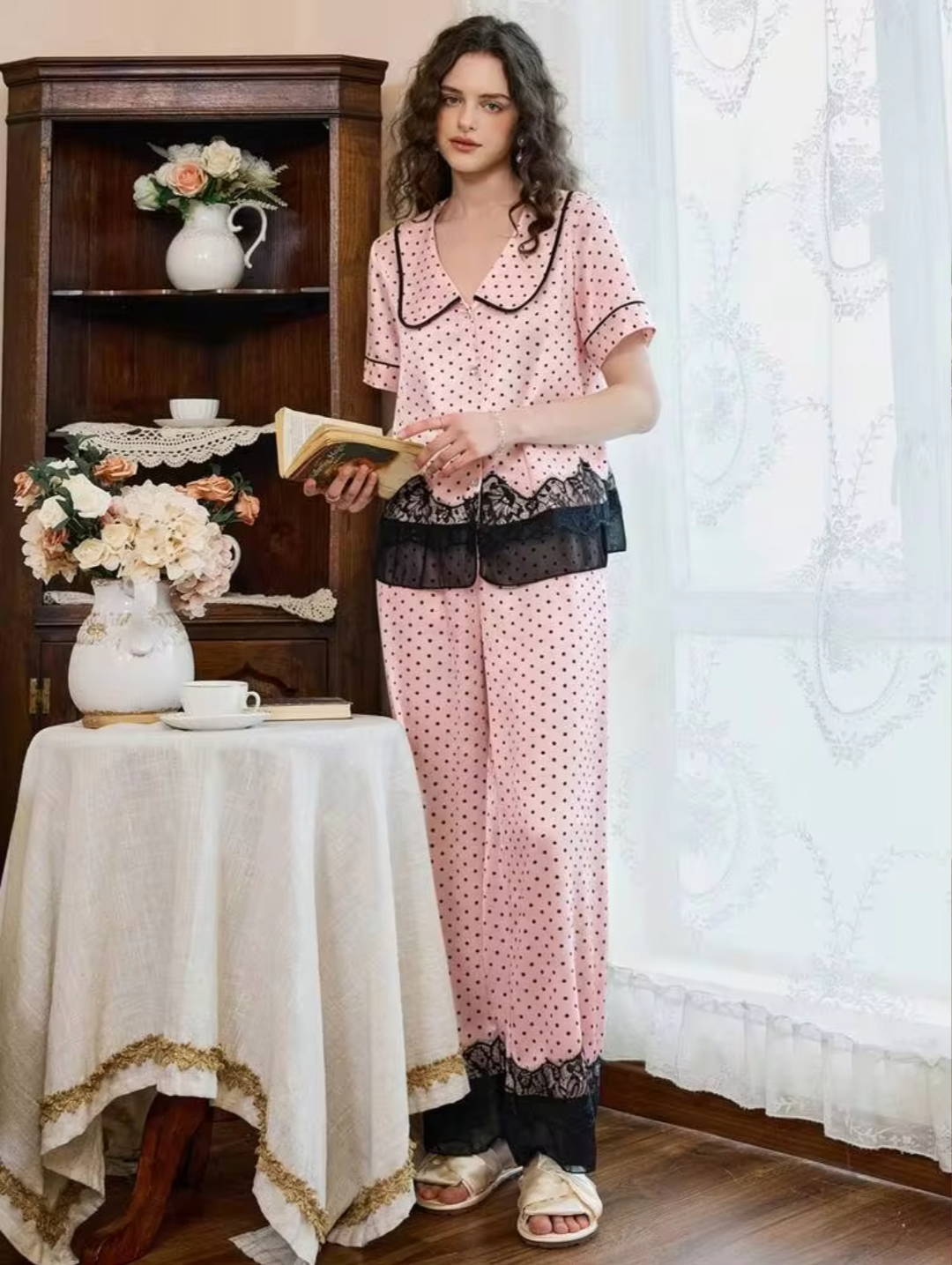 Vintage Pink Polka Dot Satin Pajama Set with Black Lace Trim & Peter Pan Collar