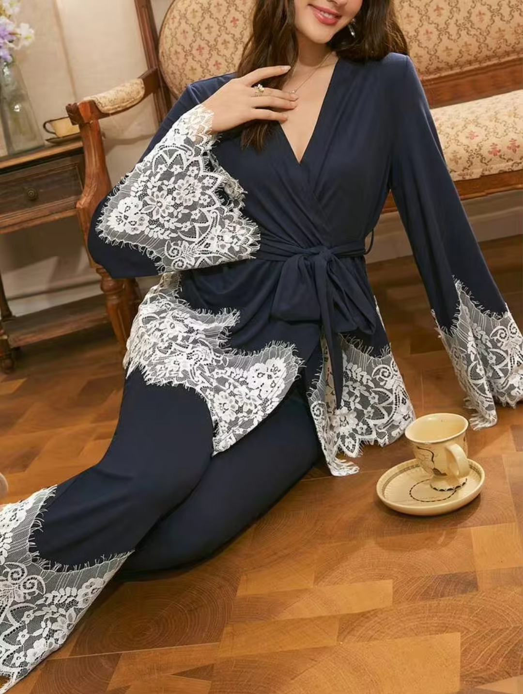 Elegant Navy Blue Wrap Pajama Set with White Eyelash Lace Trim