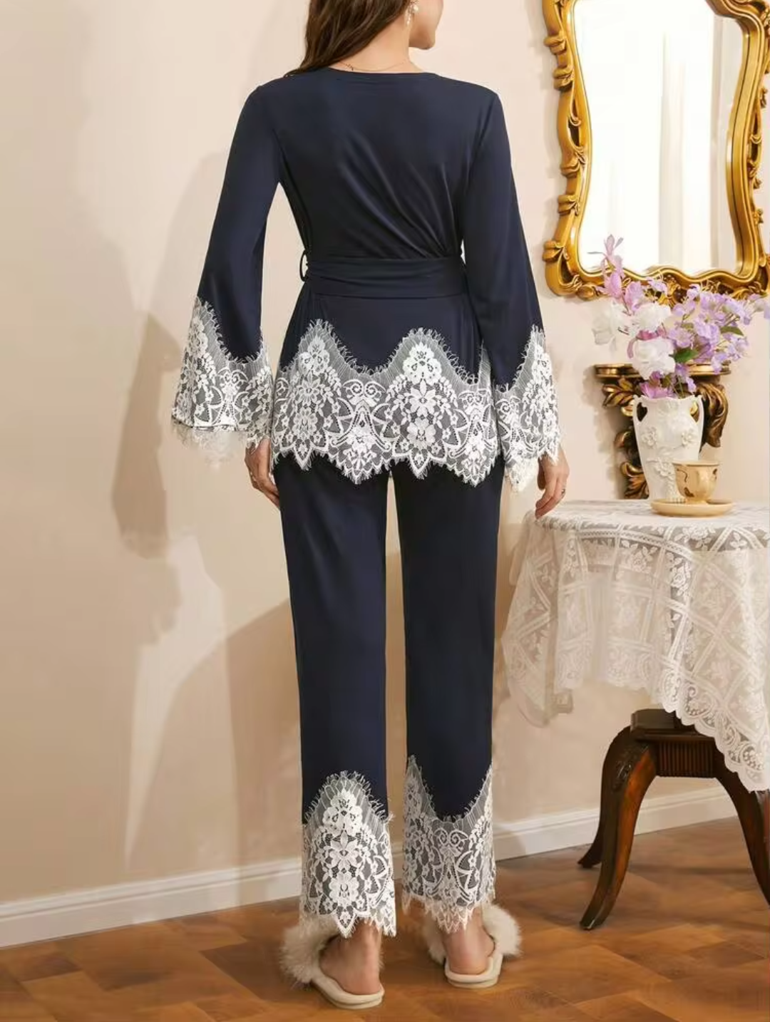 Elegant Navy Blue Wrap Pajama Set with White Eyelash Lace Trim