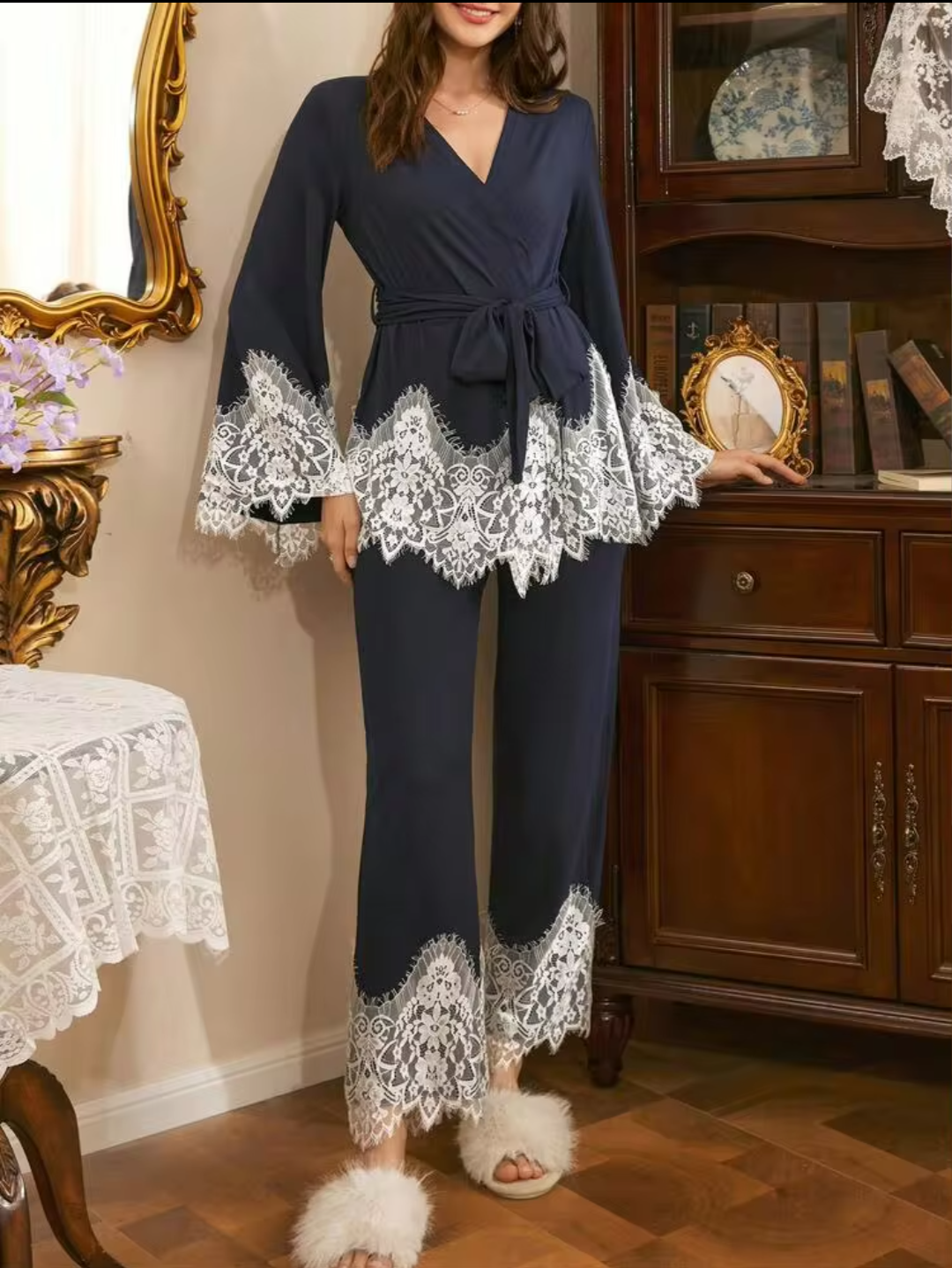 Elegant Navy Blue Wrap Pajama Set with White Eyelash Lace Trim