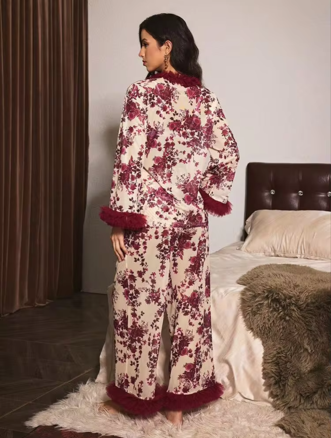 Vintage Floral Wrap Pajama Set with Faux Fur Trim