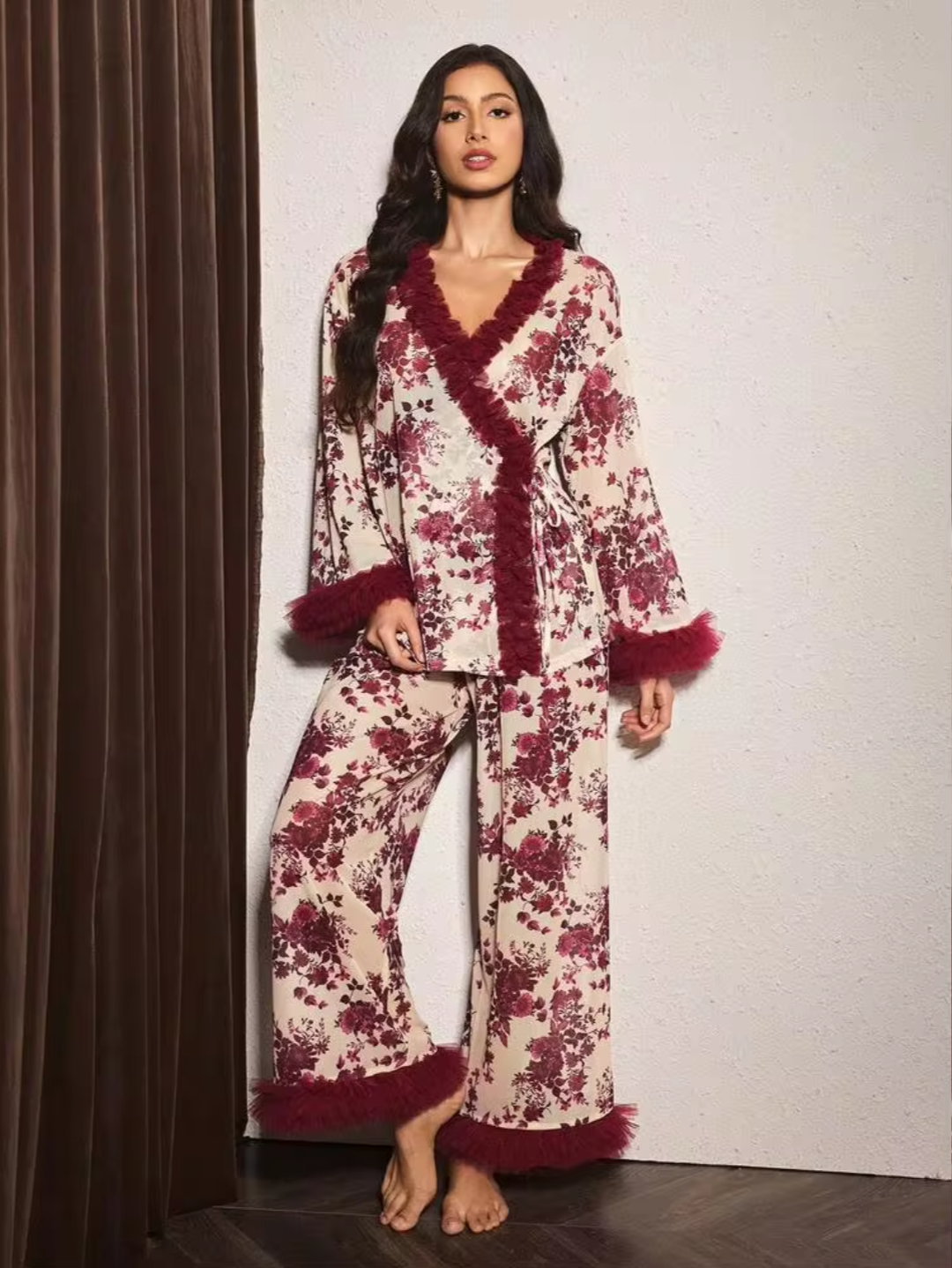 Vintage Floral Wrap Pajama Set with Faux Fur Trim
