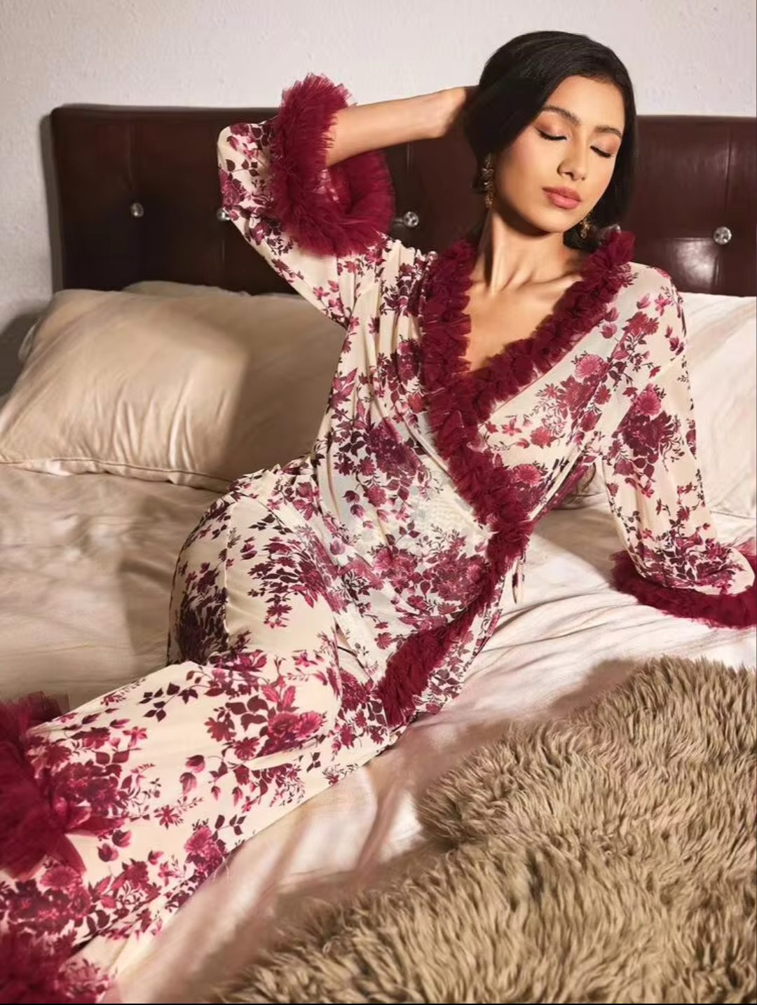 Vintage Floral Wrap Pajama Set with Faux Fur Trim