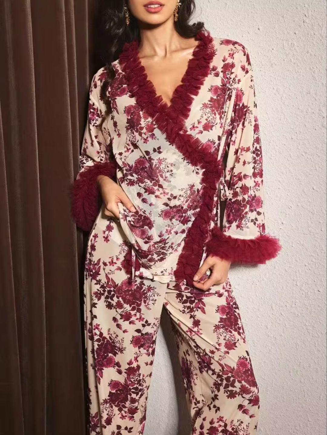 Vintage Floral Wrap Pajama Set with Faux Fur Trim