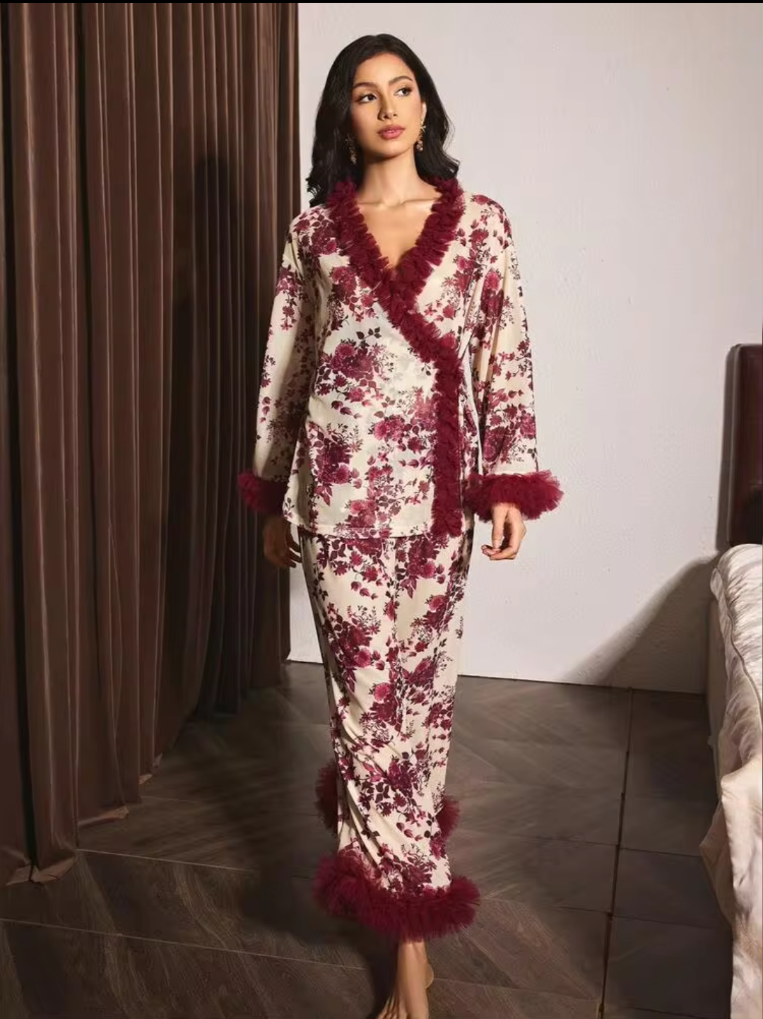 Vintage Floral Wrap Pajama Set with Faux Fur Trim