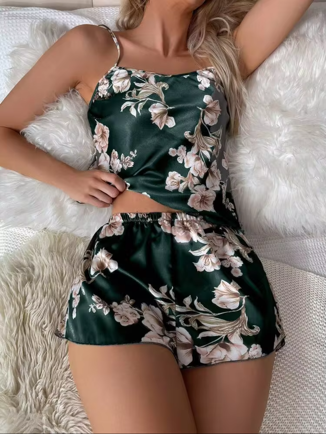 Women’s Green Satin Short Night Suit Set