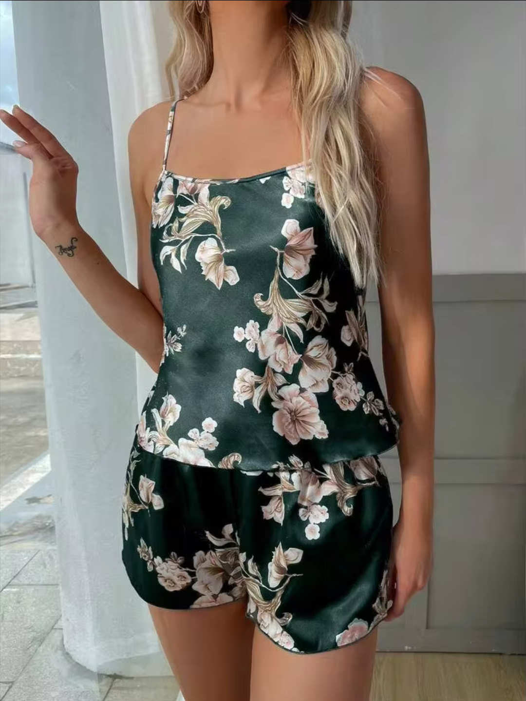 Women’s Green Satin Short Night Suit Set
