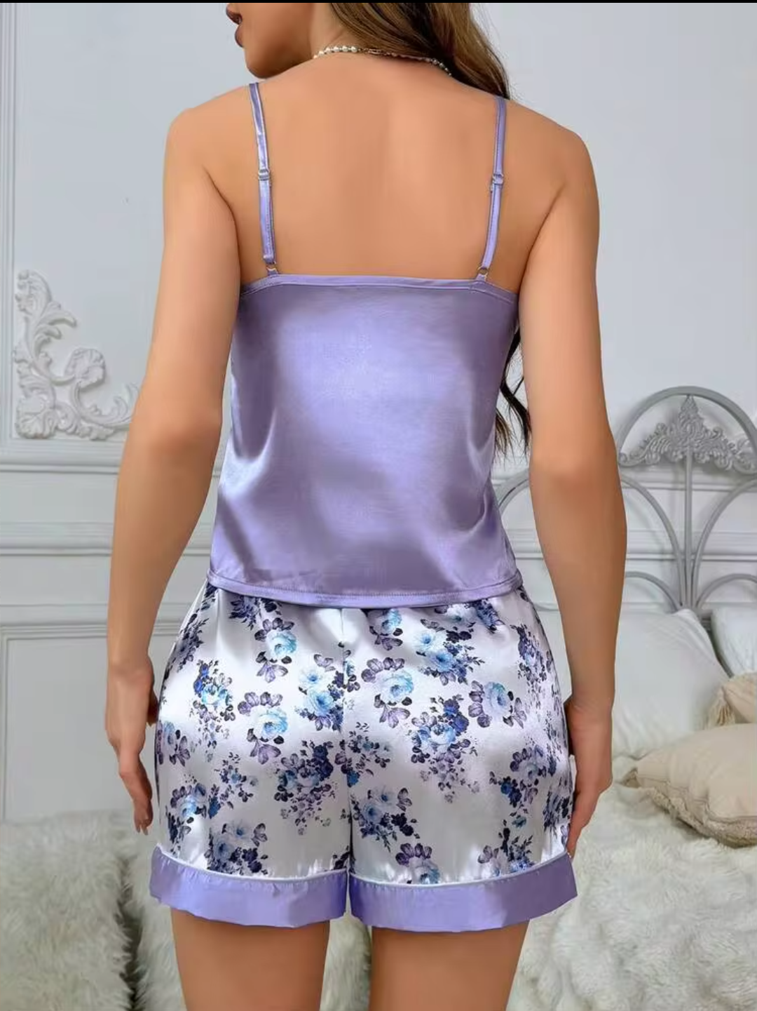 Women's Purple Plain Satin Cami & Floral Shorts Nightwear Set | Soft Premium Sleepwear for Women