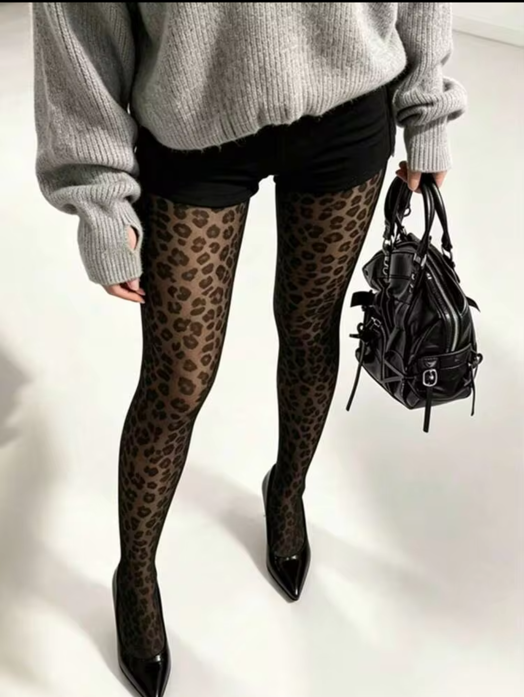 Women's Black Sheer Leopard Print Tights with High Stretch Elastic Waistband