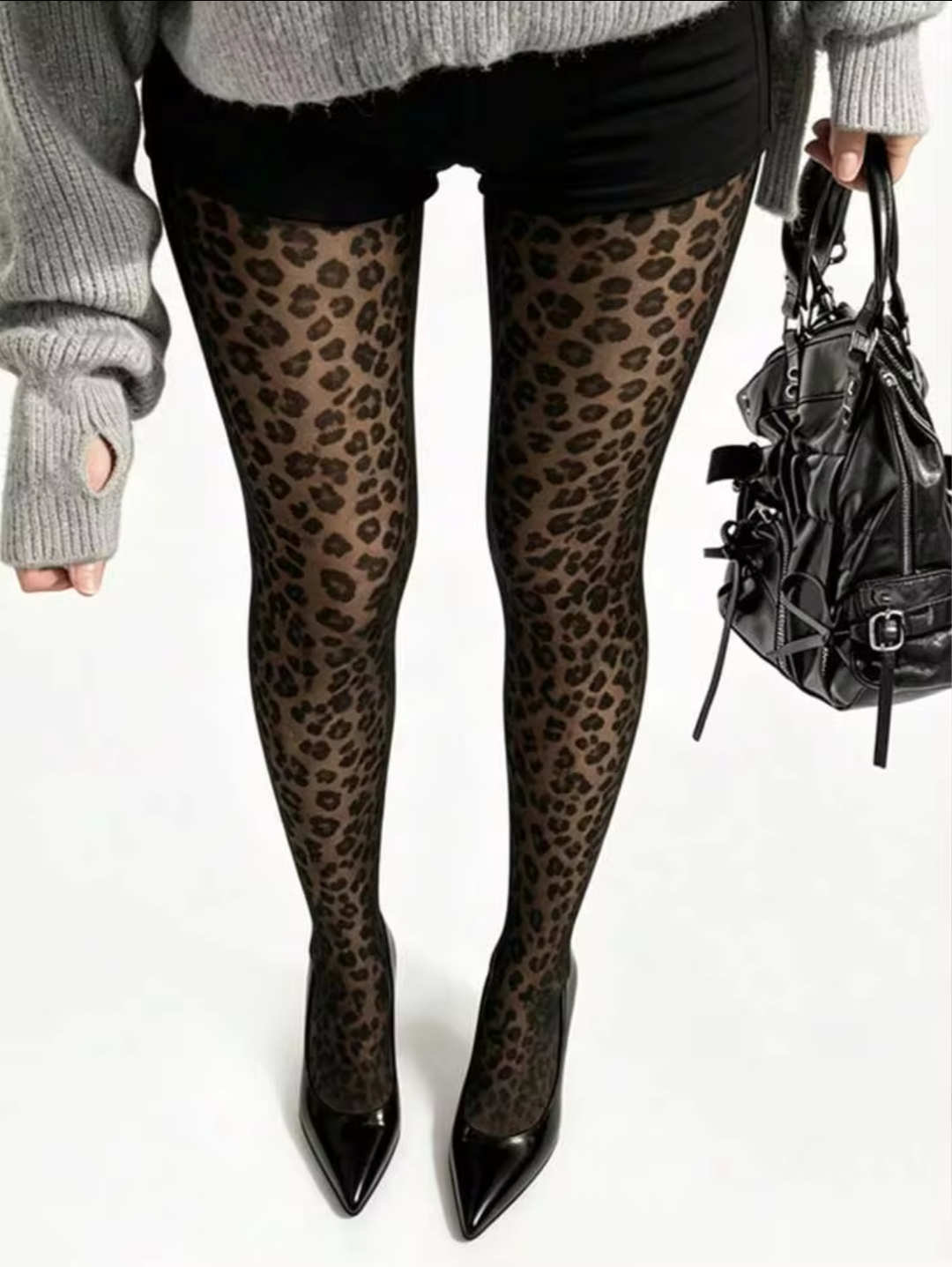 Women's Black Sheer Leopard Print Tights with High Stretch Elastic Waistband