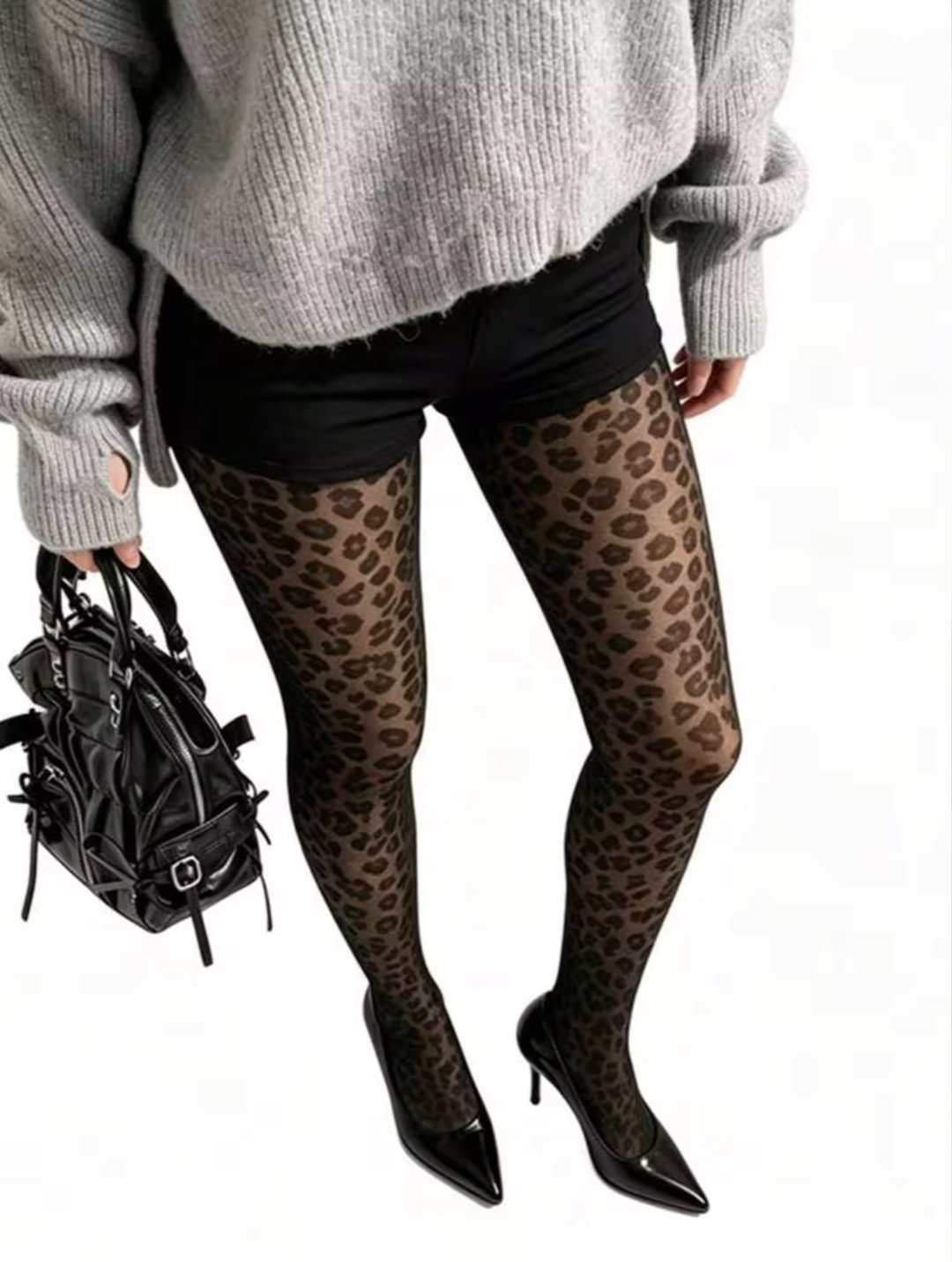 Women's Black Sheer Leopard Print Tights with High Stretch Elastic Waistband
