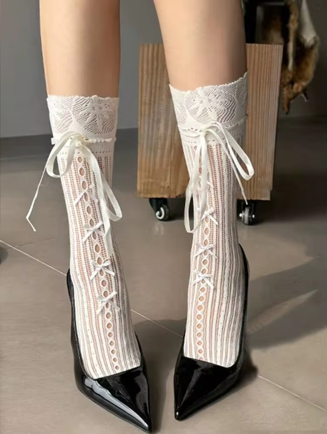 Women’s White Cut-Out Lace Calf Socks – Bow Tie Ribbon Sheer Mesh Stockings