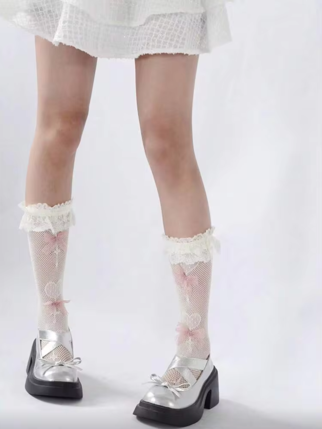 Women’s Off-White Fishnet Mesh Calf Socks – Pink Ribbon Bows & Cross Heart Pattern Stockings