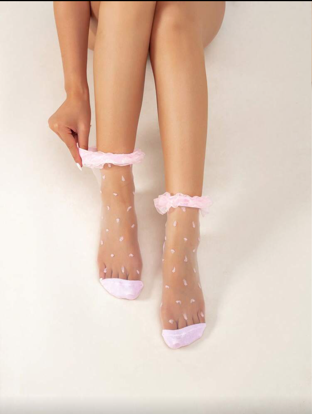 Women’s Pink Sheer Mesh Polka Dot Ankle Socks – Frill Ruffle Cuff Organza Socks