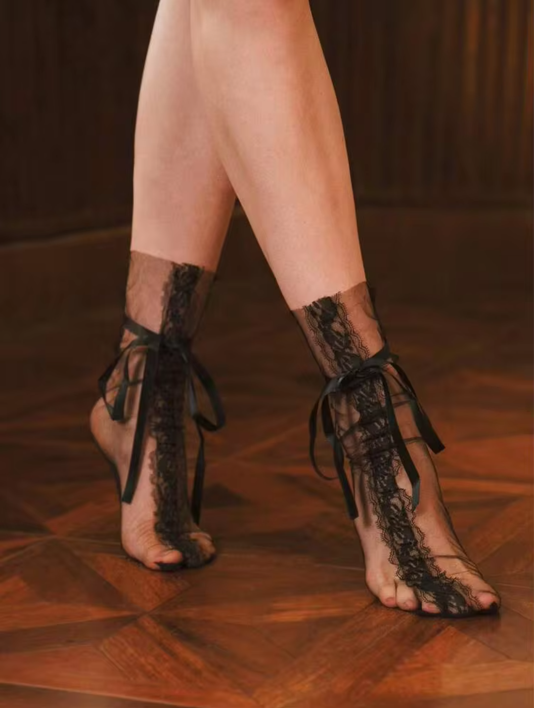 Women’s Black Sheer Tulle Ankle Socks – Vintage Floral Lace Trim & Ankle Tie Ribbon Bow Footwear