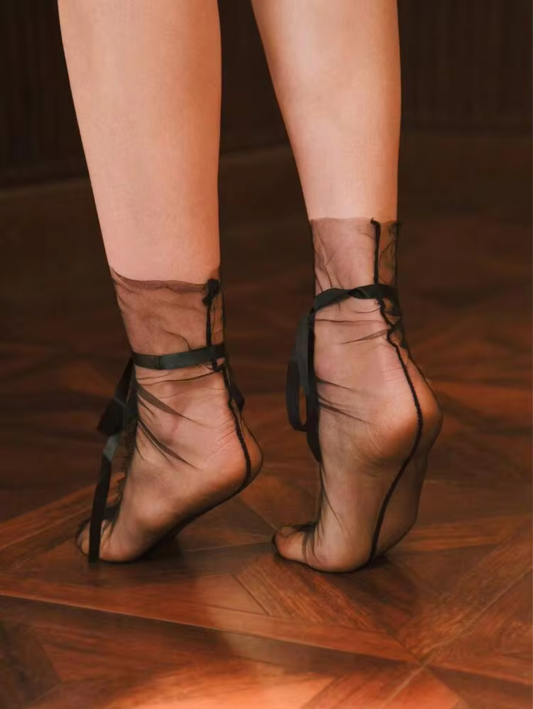 Women’s Black Sheer Tulle Ankle Socks – Vintage Floral Lace Trim & Ankle Tie Ribbon Bow Footwear