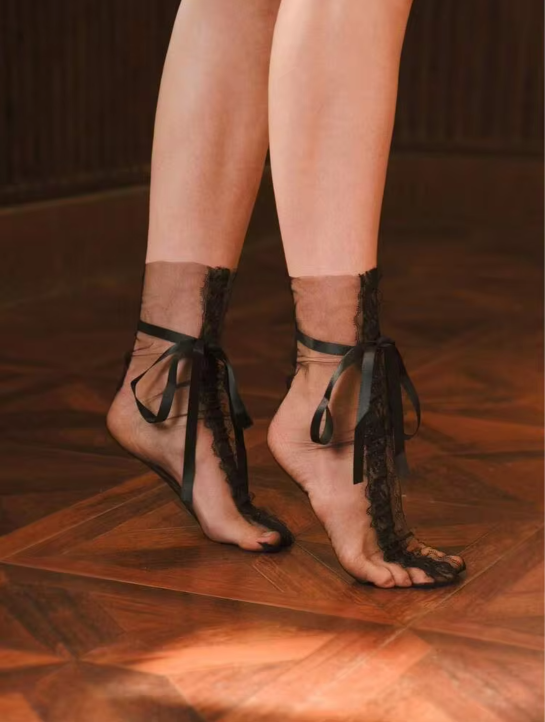 Women’s Black Sheer Tulle Ankle Socks – Vintage Floral Lace Trim & Ankle Tie Ribbon Bow Footwear