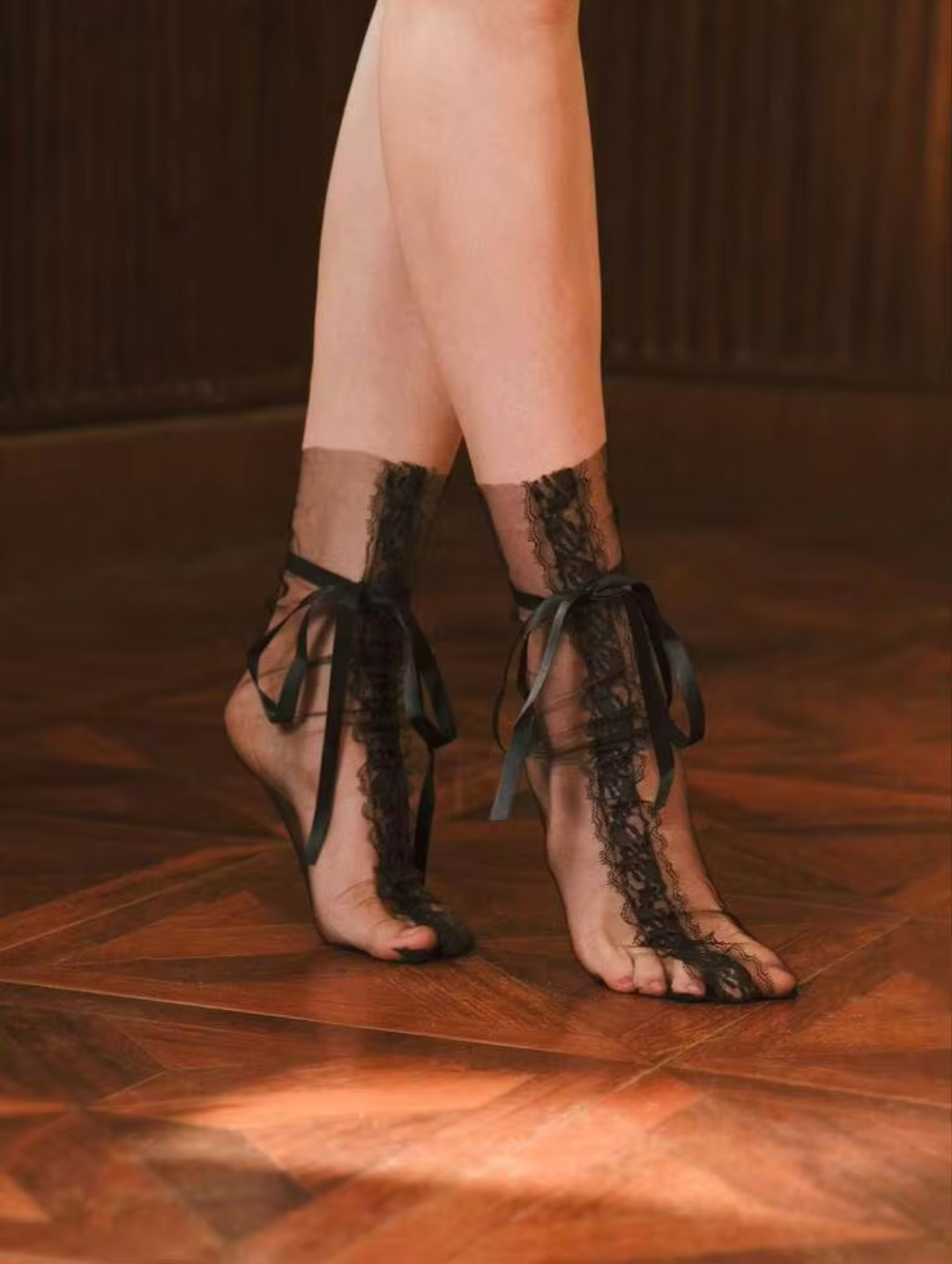 Women’s Black Sheer Tulle Ankle Socks – Vintage Floral Lace Trim & Ankle Tie Ribbon Bow Footwear