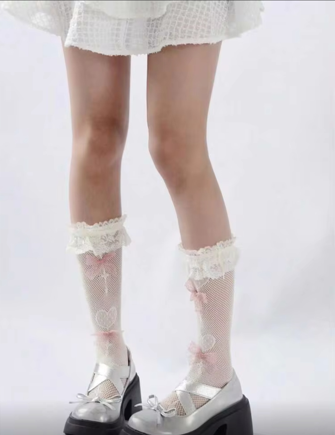 Women’s Off-White Fishnet Mesh Calf Socks – Pink Ribbon Bows & Cross Heart Pattern Stockings