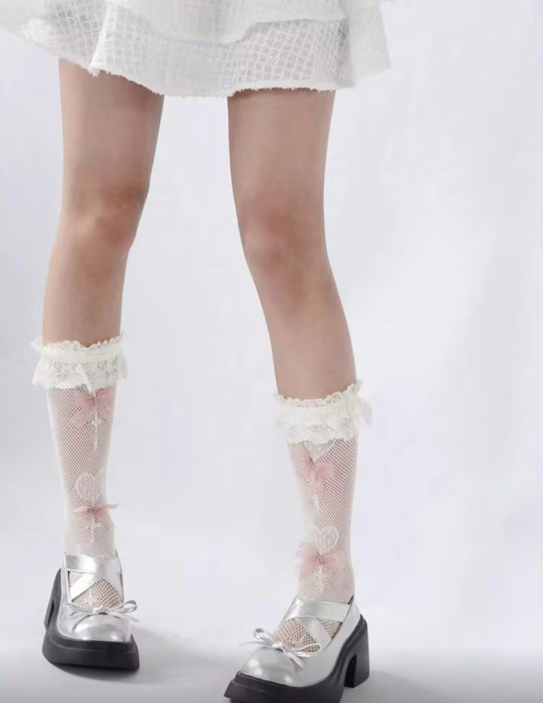 Women’s Off-White Fishnet Mesh Calf Socks – Pink Ribbon Bows & Cross Heart Pattern Stockings
