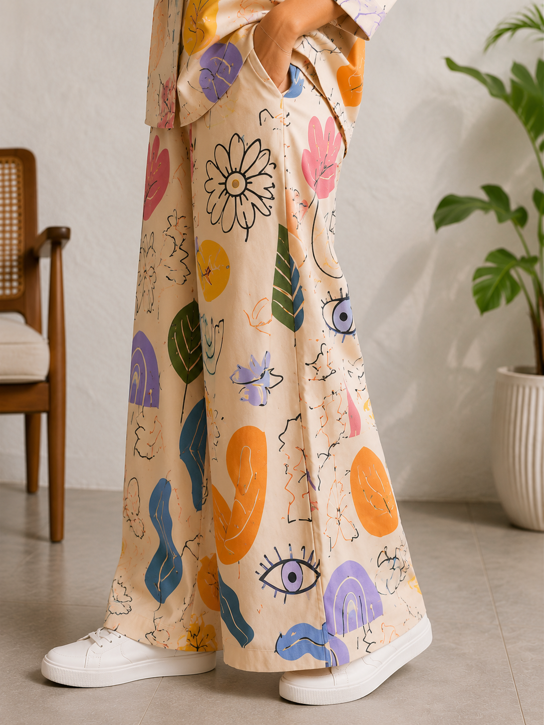 Women's Premium Cotton Printed Co-ord Lounge Set – White Multicolor Floral Print