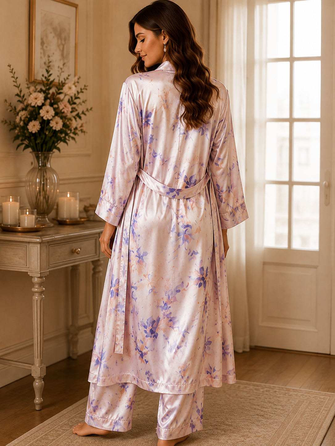 Women’s Floral Satin 3-Piece Lounge Set – Pastel Lavender