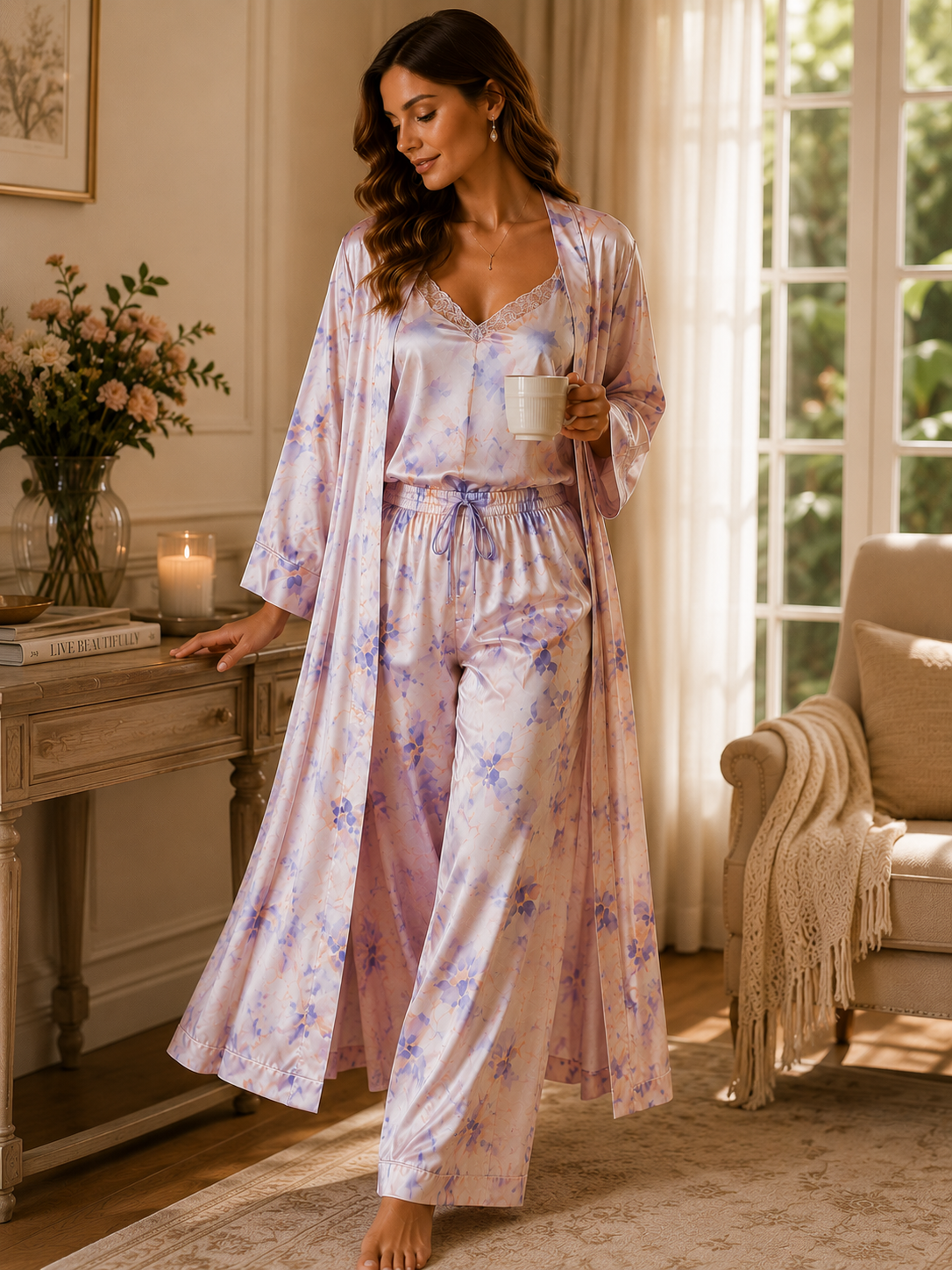 Women’s Floral Satin 3-Piece Lounge Set – Pastel Lavender