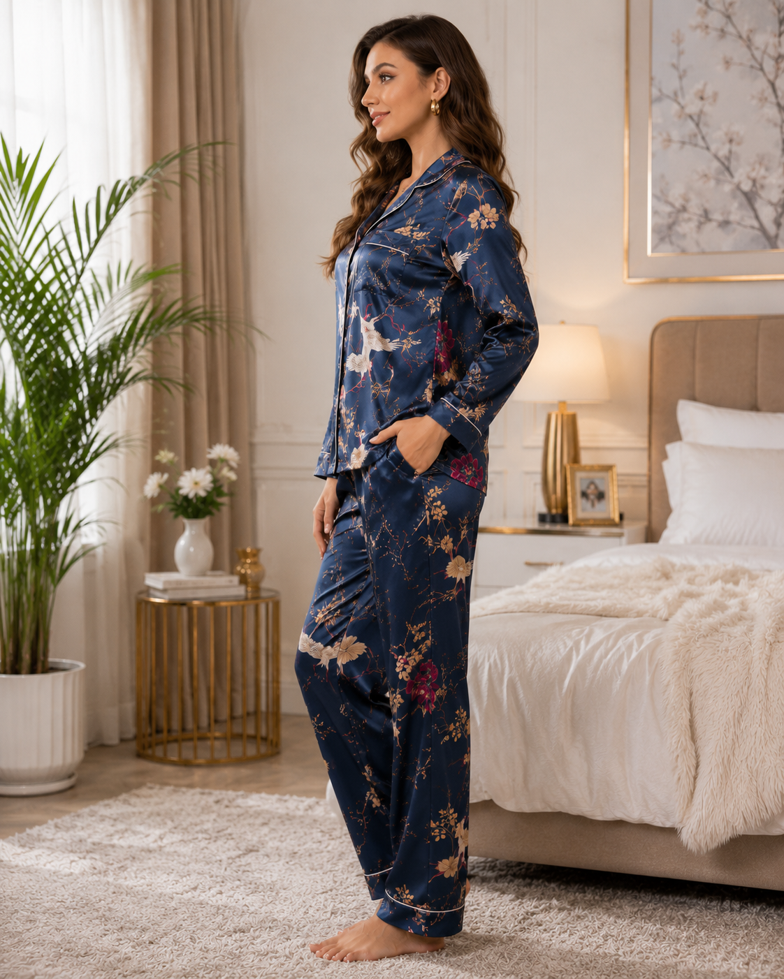 Women’s Navy Blue Floral Satin Night Suit Set
