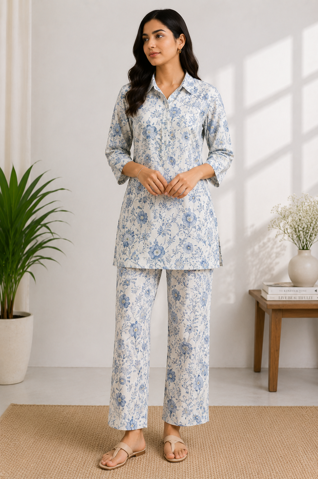 Women's White Floral Printed Cotton Co-ord Lounge Set