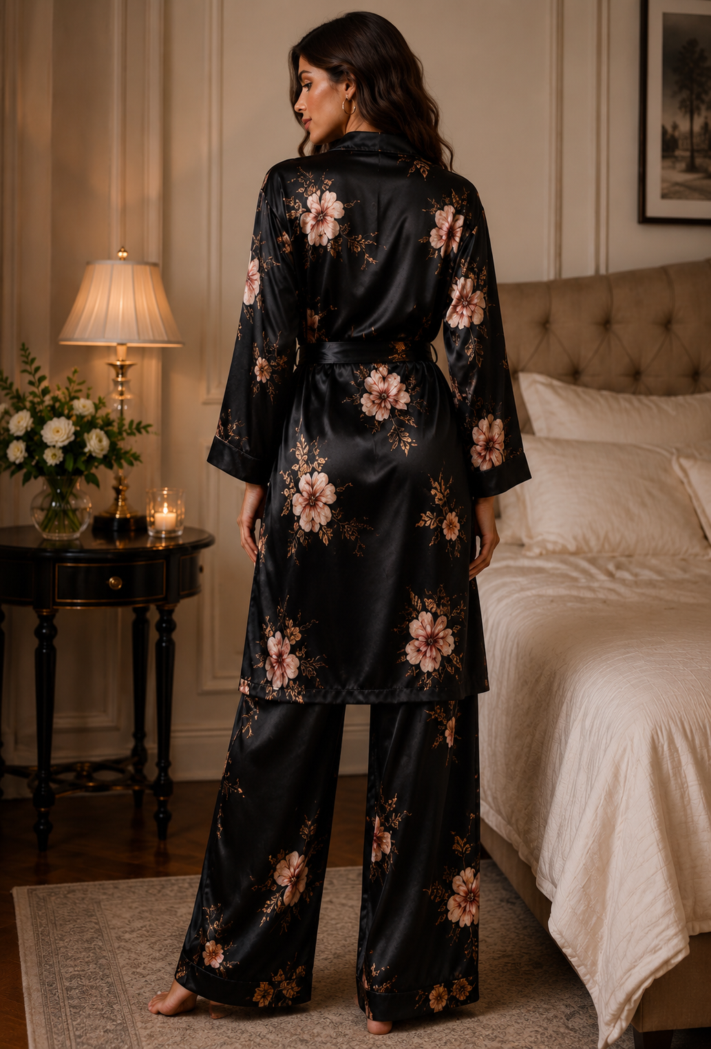 Luxury Black Floral Satin 3-Piece Lounge Set