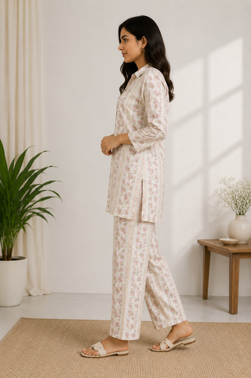 Women's Premium Ivory Floral Cotton Co-ord Set