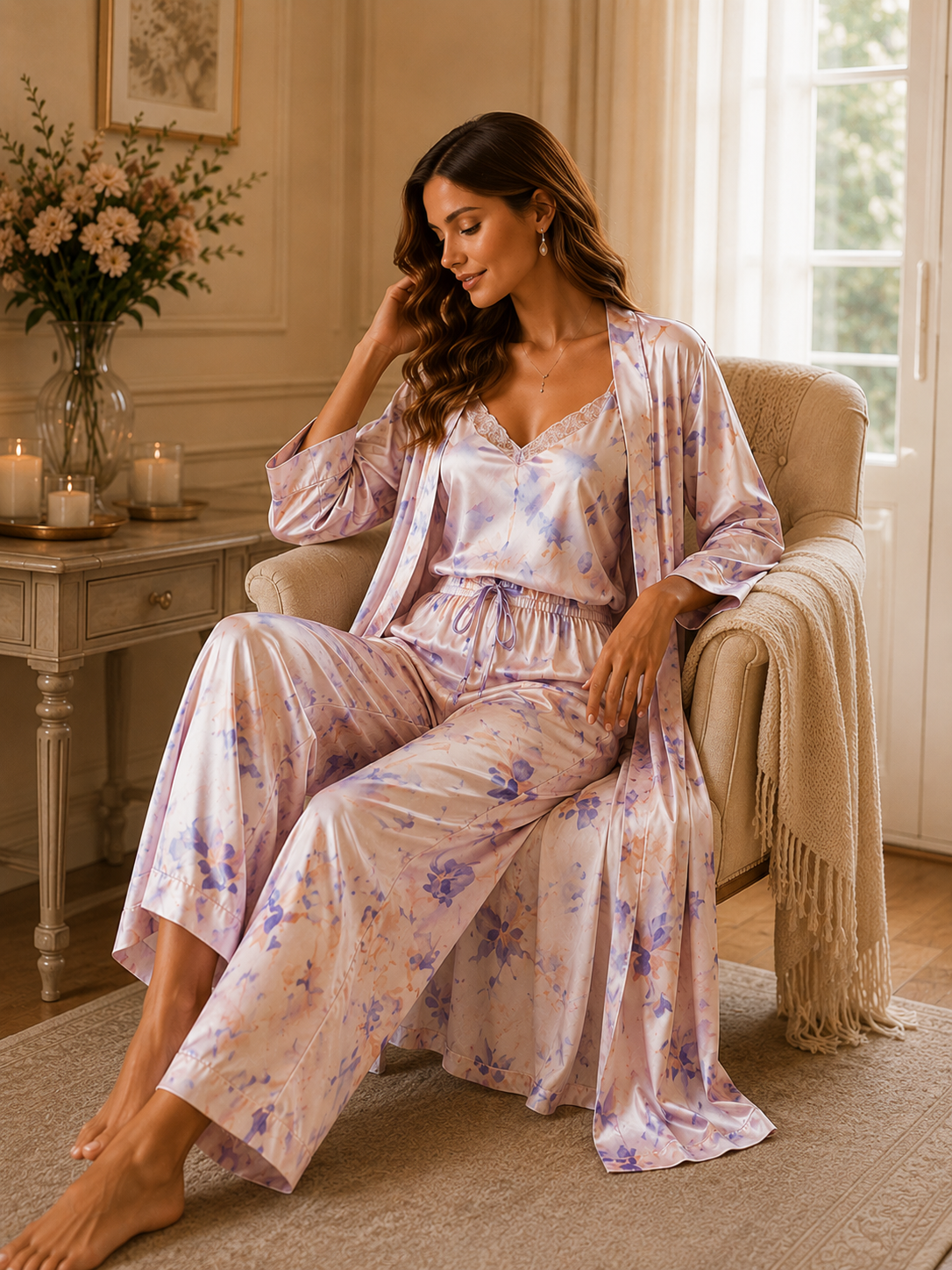 Women’s Floral Satin 3-Piece Lounge Set – Pastel Lavender