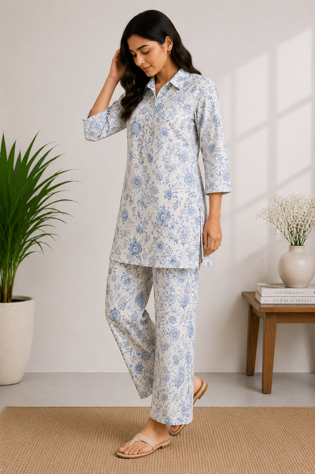 Women's White Floral Printed Cotton Co-ord Lounge Set
