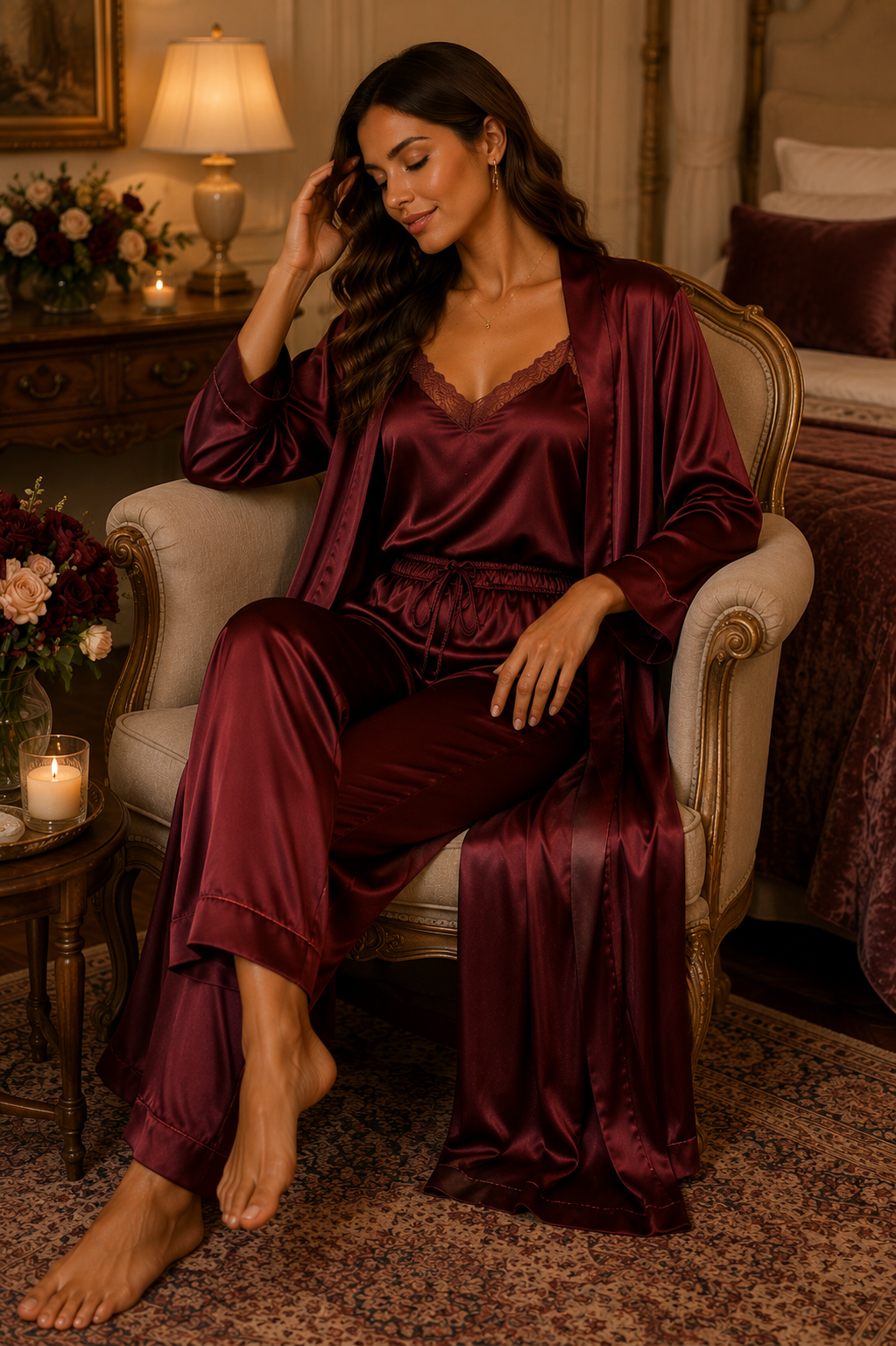 Women’s Premium Satin 3-Piece Night Suit with Lace Camisole, Wide-Leg Pants & Long Robe