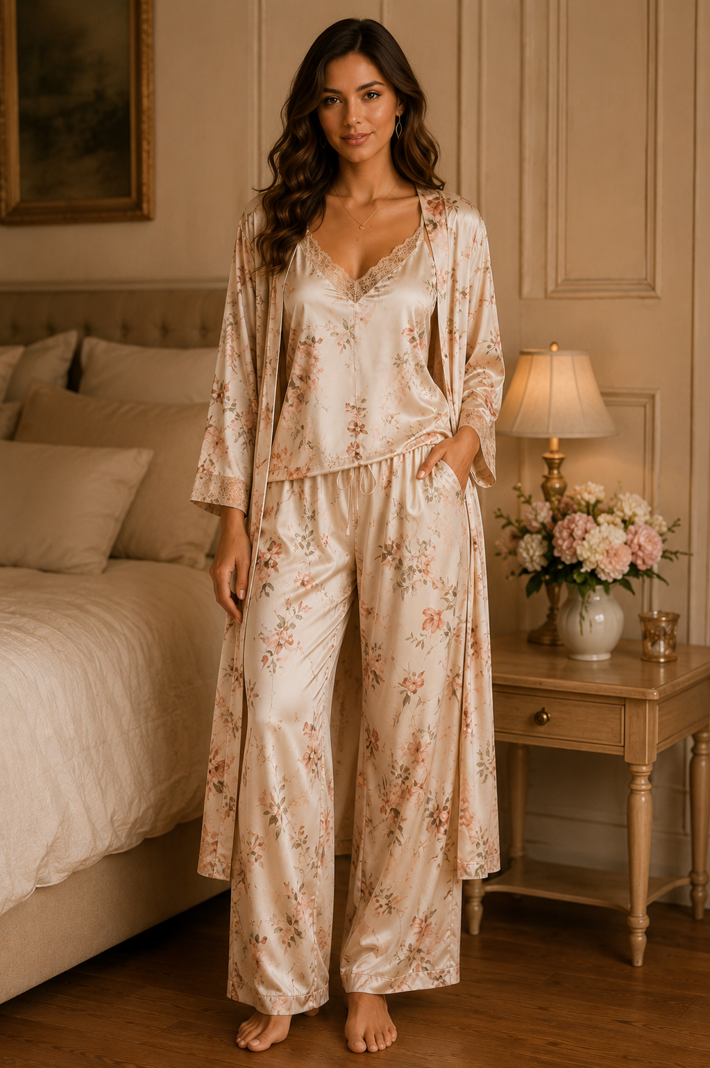 Women’s Cream Floral Satin 3-Piece Lounge Set with Long Robe
