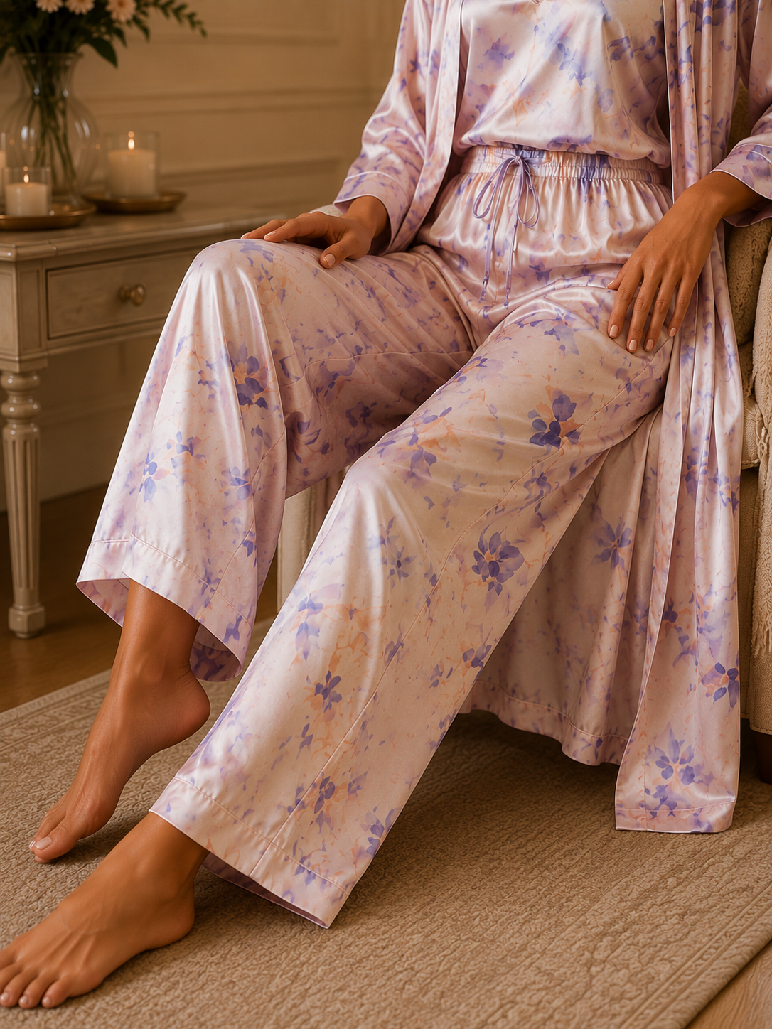 Women’s Floral Satin 3-Piece Lounge Set – Pastel Lavender