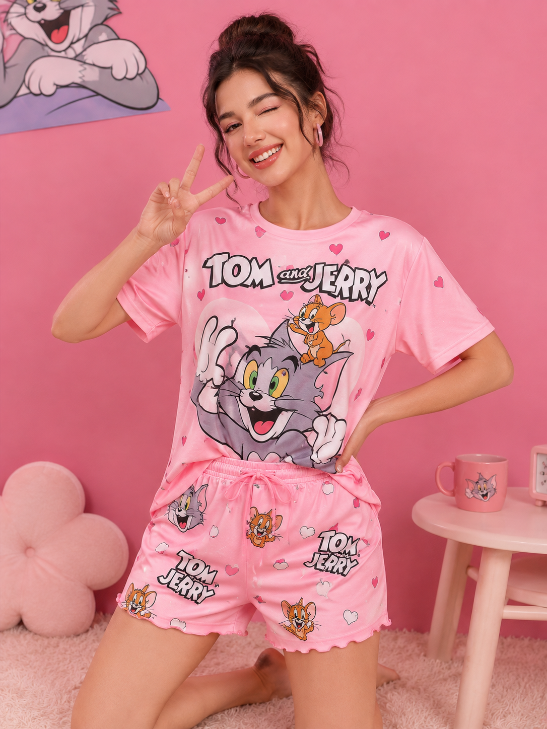 Women’s Pink Cartoon Print Cotton T-Shirt & Shorts Night Suit
