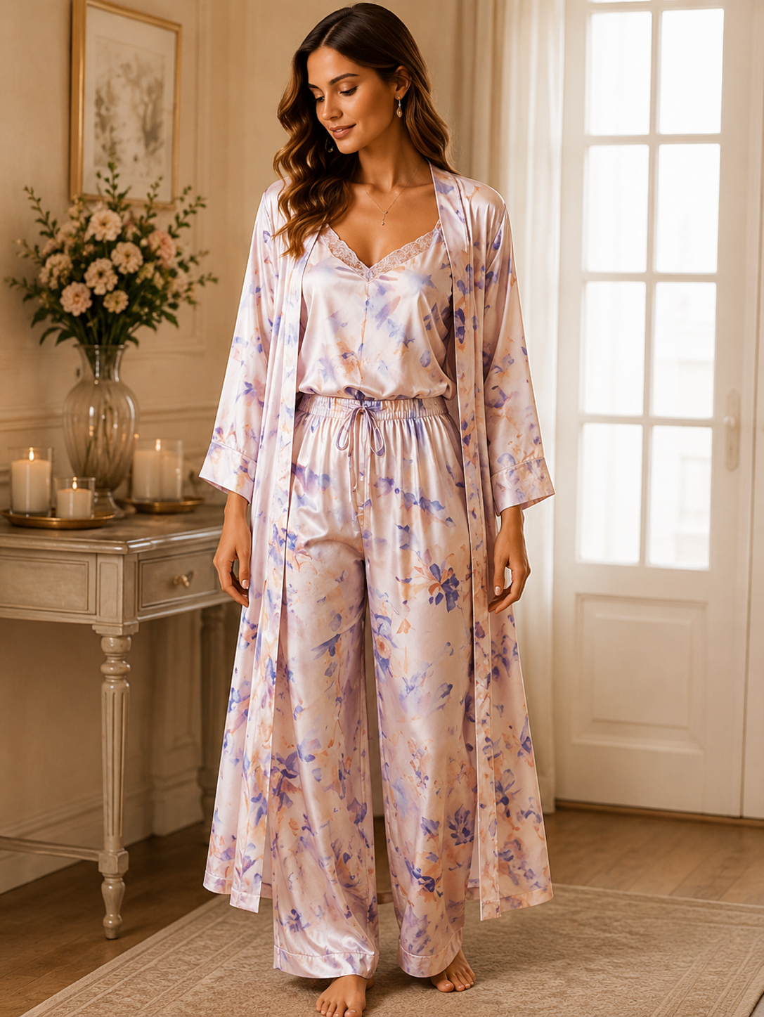 Women’s Floral Satin 3-Piece Lounge Set – Pastel Lavender