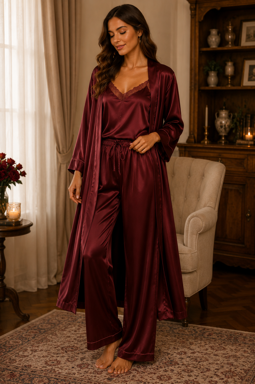 Women’s Premium Satin 3-Piece Night Suit with Lace Camisole, Wide-Leg Pants & Long Robe
