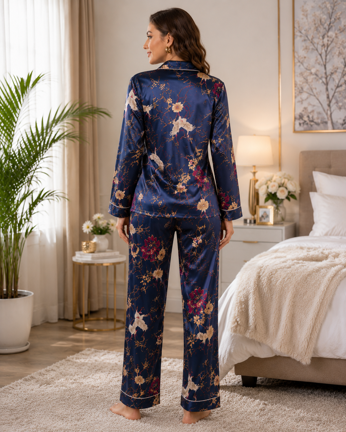 Women’s Navy Blue Floral Satin Night Suit Set
