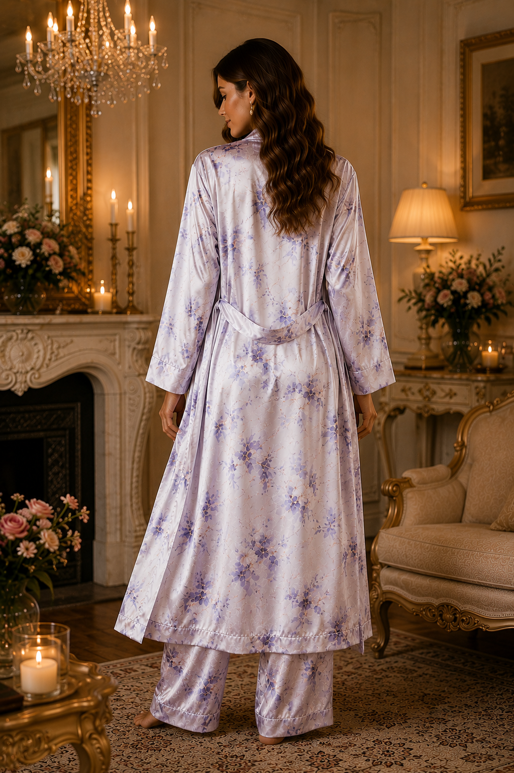 Women’s Premium Lavender Floral Satin 3-Piece Night Suit with Lace Camisole, Wide-Leg Pants & Long Robe