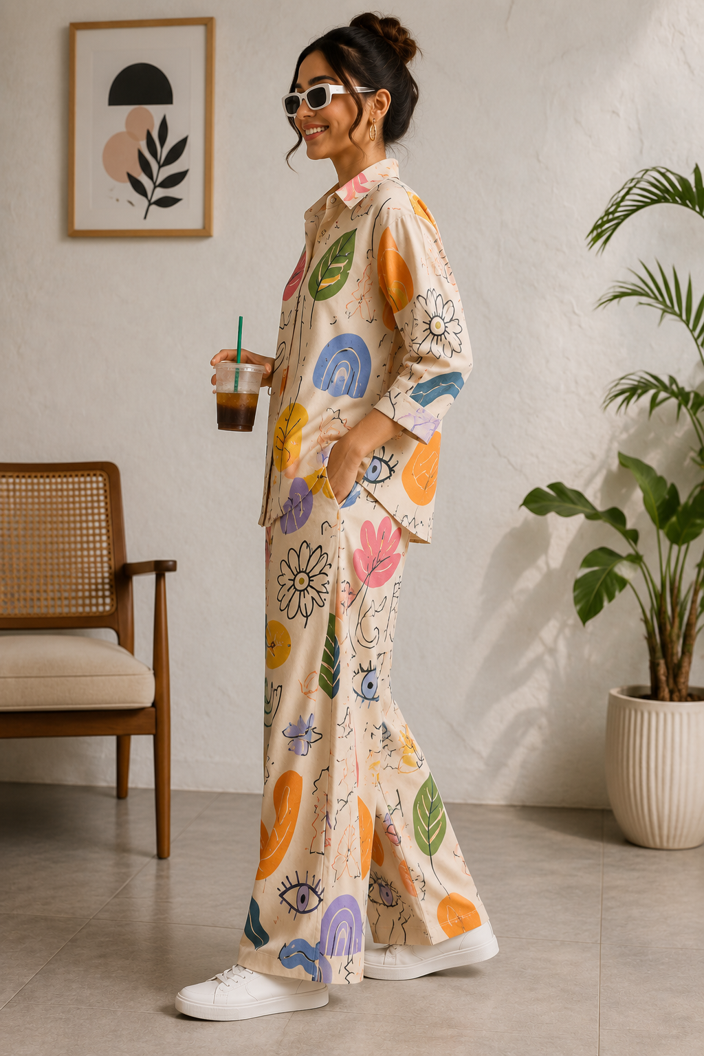 Women's Premium Cotton Printed Co-ord Lounge Set – White Multicolor Floral Print