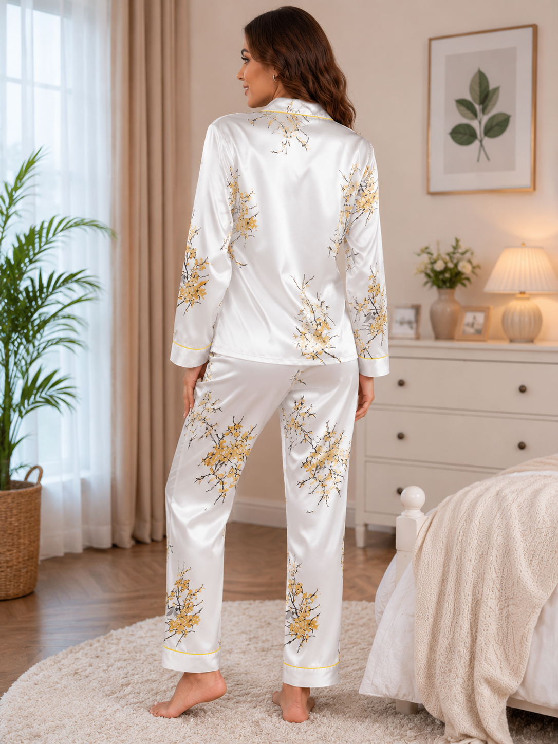 Women’s White Printed Satin Night Suit Set | Full Sleeve Button-Down Pajama Set