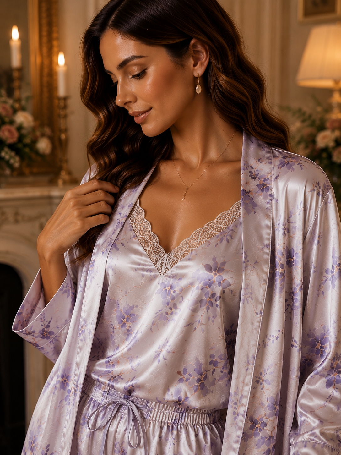 Women’s Premium Lavender Floral Satin 3-Piece Night Suit with Lace Camisole, Wide-Leg Pants & Long Robe